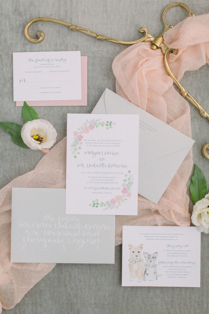 Pink and green wedding invitation