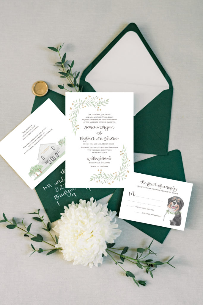 Emerald green wedding invitation suite