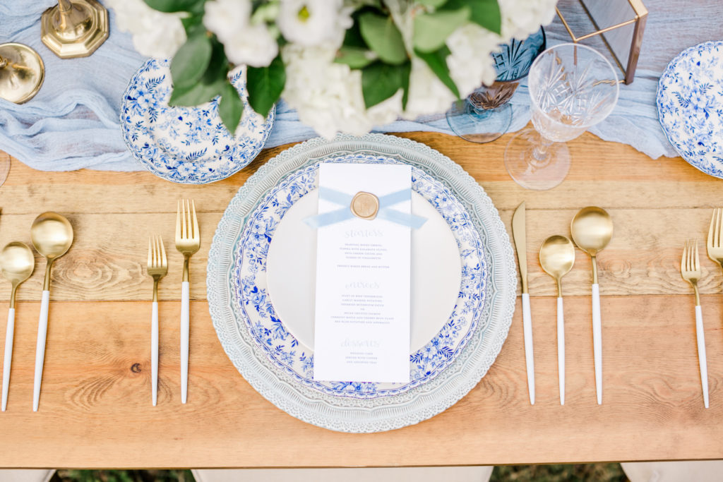 Blue and white wedding table setting